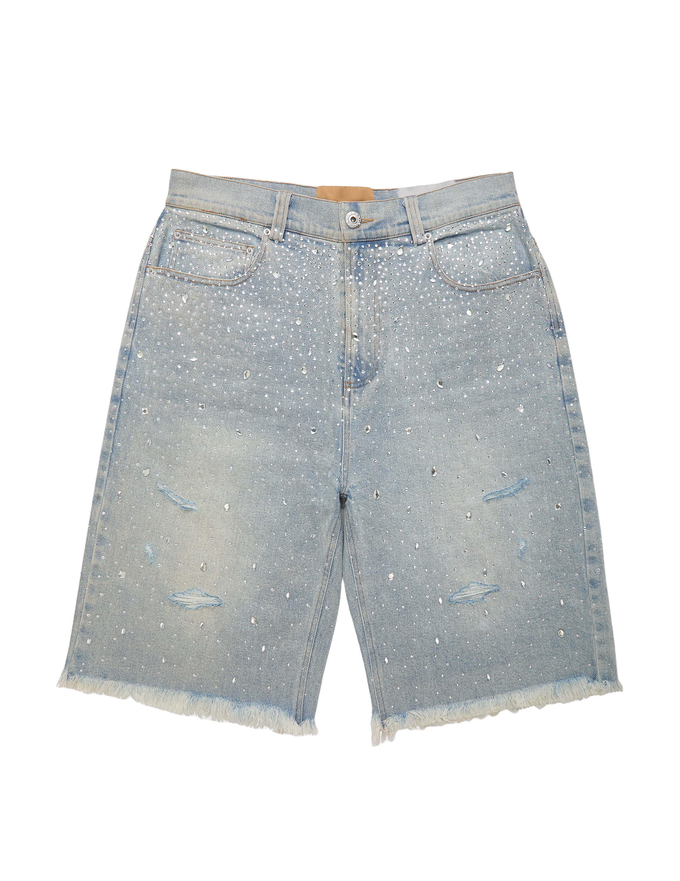 Light blue denim shorts with speckled pattern on a white background